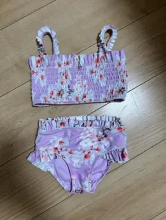 （新品）女の子用紫色花柄ビキニ 80cm