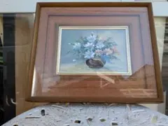 花の油彩画 ダークブラウン額縁付き - メルカリ