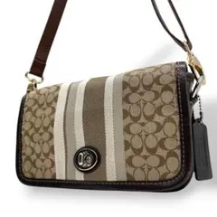 美品　コーチ　ショルダーバッグ　茶　シグネチャー　ストライプ　19919　t6