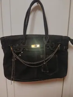 デニムトートバッグ 　 ブラックデニム　 チェーン付き