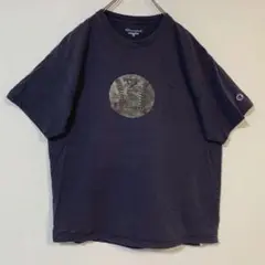 古着 Champion 半袖プリントアタリ有プリント Tシャツ L ネイビー
