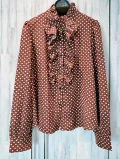 ブラウン・ホワイトドット フリル長袖シャツ