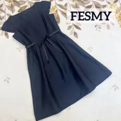 美品 FESMY ネイビー フォーマル ワンピース 11 L リボン 膝丈 半袖