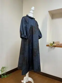 着物リメイク 大島紬(7マルキ)からピンタックの襟ギャザーワンピース(L