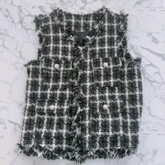 入学式　卒業式　レディース　パール付きチェック柄フリンジベスト