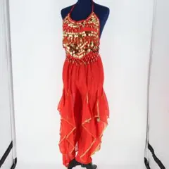 【ベリーダンス用 オリエンタル衣装】レッド ゴールドラメ多数付き レース 鈴