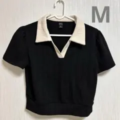 襟付き 半袖 クロップド丈 トップス ブラック　Mサイズ