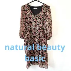 ナチュラルビューティーベーシック　ドレープ花柄長袖ワンピース 黒