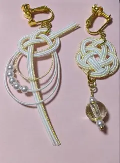 水引イヤリング【アシンメトリー】白×金