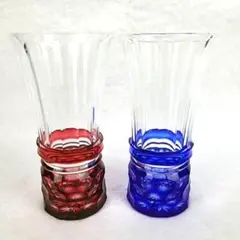 ◎美品◎島津薩摩切子　色被せ　赤　青　2客　冷酒グラス　ビールグラス
