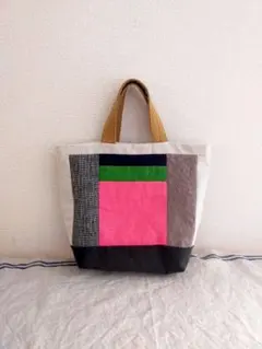【ハンドメイド】トートバッグ　コットンリネンu0026帆布　パッチワーク　Dカン付き ハンドメイド特大ショルダートートバッグ コットンリネン\u0026帆布