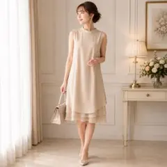 フォクシー Aライン 裾フリル ノースリーブワンピース 42 ベージュ ドレス フォクシー Aライン 裾フリル ノースリーブワンピース 42 ベージュ
