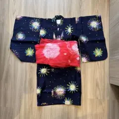 花火柄 浴衣と赤い帯 セット