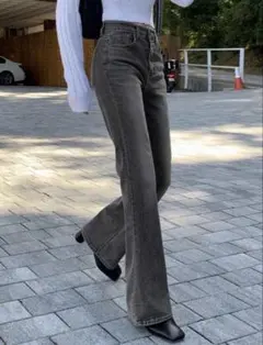 フレアデニムパンツ グレー