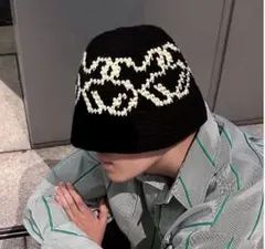 バケハ クラッシャーハット　黒　ニットハット　モノクロ　持ち運び　ユニセックス