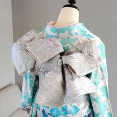 一部式　振袖用作り帯　プラチナ箔九百錦　十三参り　作り帯付け帯　胴巻～90㎝　絹