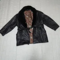 ダブル ファー　総柄 裏地 ベルテッド　レザージャケット　 M 黒