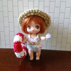 ぷちリカちゃん服 水着 浮き輪 帽子 かき氷 ハンドメイド 編み物　海水浴セットのサムネイル