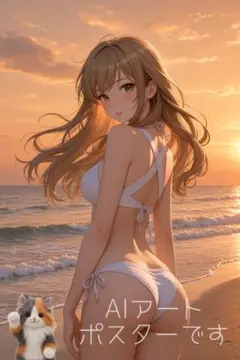 【I031】A4 AIポスター 美女 アート イラスト 水着 夕日の海辺