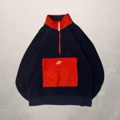 Nike ボアフリース ハーフジップ センターロゴ 刺繍 アノラック 紺赤 M