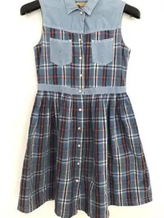 90年代ブルーファミリーベネトンノースリーブ チェック柄 ワンピース100cm~