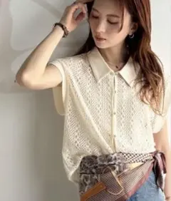 アイボリー レース編み 半袖トップス M