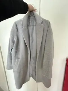 グレー ノーカラーコート フリース風
