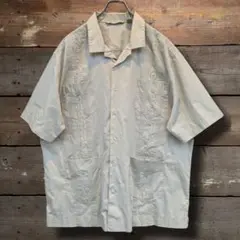 90s　ビンテージ　キューバシャツ　刺繍ライン　マルチポケット　オープンカラー
