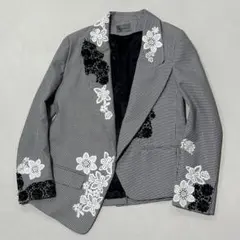 00s イングランド製 花柄 レース 刺繍 変形 テーラードジャケット 千鳥格子