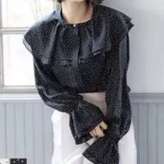 COCA 襟フリル　 ドット柄　ブラウス　L
