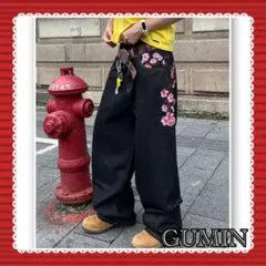 メンズ パンツ ストリート カジュアル 和柄 刺繍 サクラ ワイドレックジーンズ