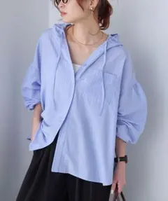 ストライプ柄 フード付きシャツ ライトブルー