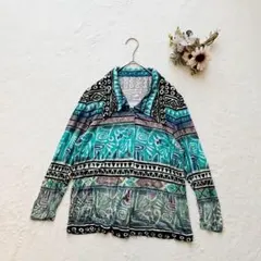 ヴィンテージシャツ（フリー）総柄 長袖 幾何学模様 レトロ レア 派手柄