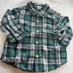 baby GAP 緑系チェック コットン長袖シャツ クマ刺繍