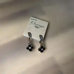 新品未使用 ニッケルフリー 黒花形イヤリング ニッケルフリー ダイヤ