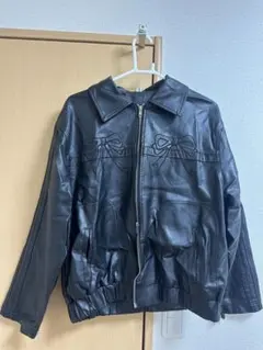 リボン装飾 ブラックレザージャケット