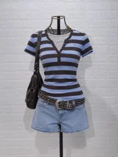 Hollister ボーダー ヘンリーネック 半袖Tシャツ