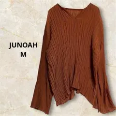 JUNOAH プリーツブラウス M ブラウン Vネック シアー 長袖 ゆったり