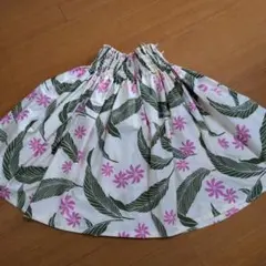 フラダンス スカート 白地 緑葉 ピンク花