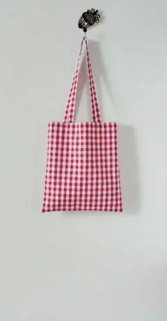 683トートバッグマチなし　赤約9ミリギンガムチェック　2　ハンドメイド