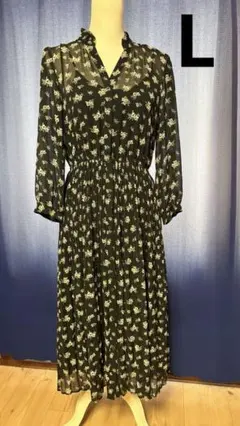ユニクロ　シフォン　花柄 長袖ワンピース 黒　キャミワンピースとセット