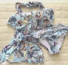 三愛 レディース 水着 花柄 3点セット スカート付き 水色 ブルー Mサイズ