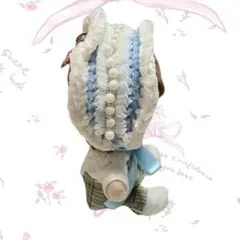 編み物　青×白　ヘッドドレス　ちびぬい　はぴぬい