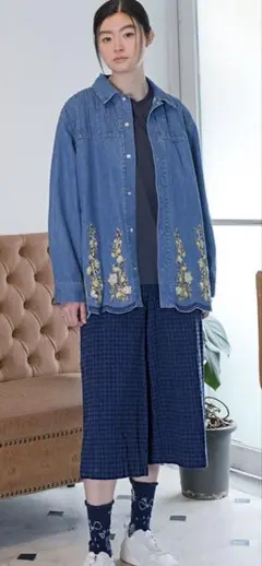 フラワーワンポイント刺繍ドビーチェックガウチョパンツ　スーパーハッカ