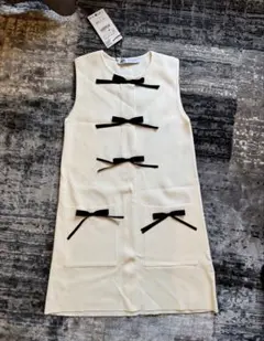ZARA XS ホワイト リボン付きノースリーブワンピース　タグ付き