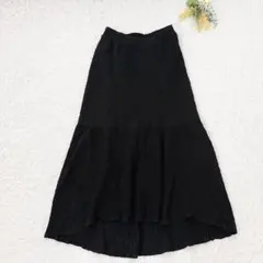 レトロガール　シャーリング加工ロングスカート　F 黒　Aライン　着痩せ　無地のサムネイル