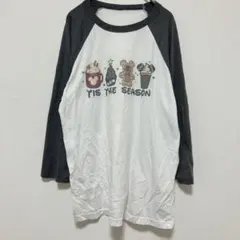 ディズニー クリスマス 7分袖 Tシャツ M白黒 ラグラン ミッキー　長袖