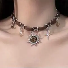 タイガーアイ風太陽と月チョーカーブラウンフェイクレザー [新品未使用 送料込み]