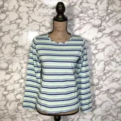 タグ付　SIMPLE LIFE　（M）　マルチボーダー長袖カットソー　グリーン系
