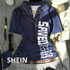 SHEIN シーイン　半袖　 グラフィック ポロシャツ ネイビー